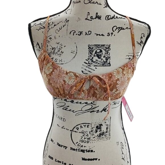 Xhilaration Womens Bikini Top Brown Floral Tie Front Swimwear Bohemian - Picture 1 of 7